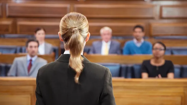 Female attorney addressing courtroom jury members
